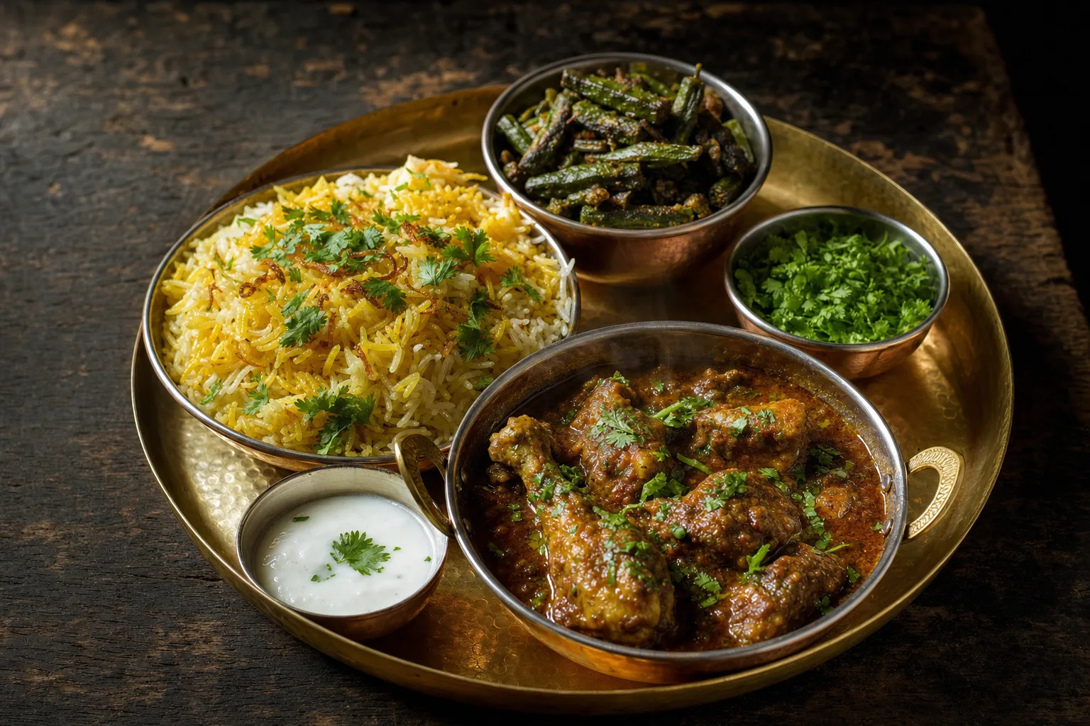 Un thali sur un plateau de laiton martelé : curry sombre, riz safrané, gombos grillés, coriandre fraîche.